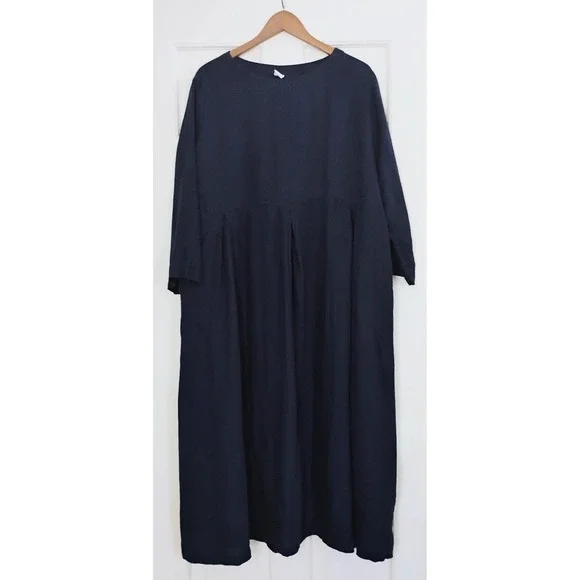 LINTICO Navy Blue Linen Pleated Midi Dress XXL 3/4 Sleeve Pockets Lagenlook - Picture 2 of 7